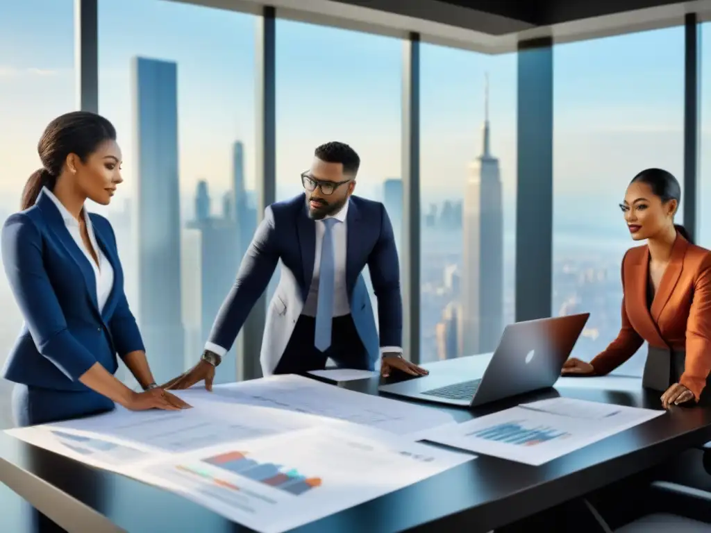 Profesionales colaborando en innovador proyecto inmobiliario Un grupo diverso de profesionales colaborando en una oficina moderna, analizando datos y estrategias