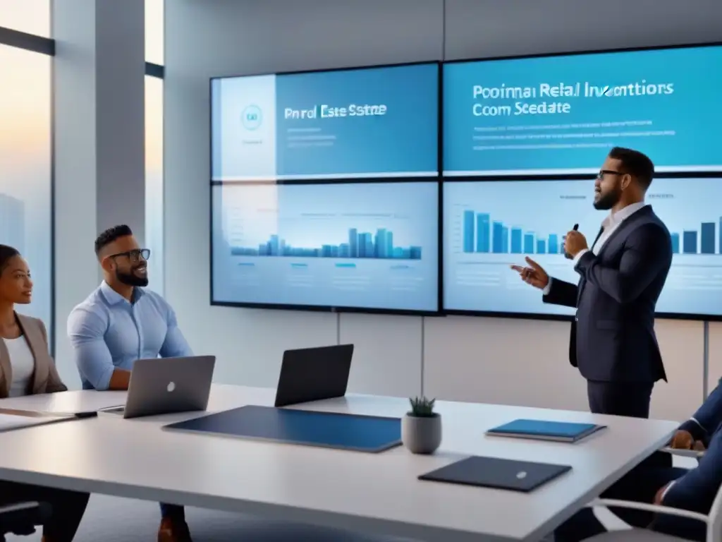 Inversión inmobiliaria: profesionales innovadores en reunión Un grupo diverso de profesionales en una oficina moderna discuten estrategias de inversión inmobiliaria, transmitiendo colaboración e innovación