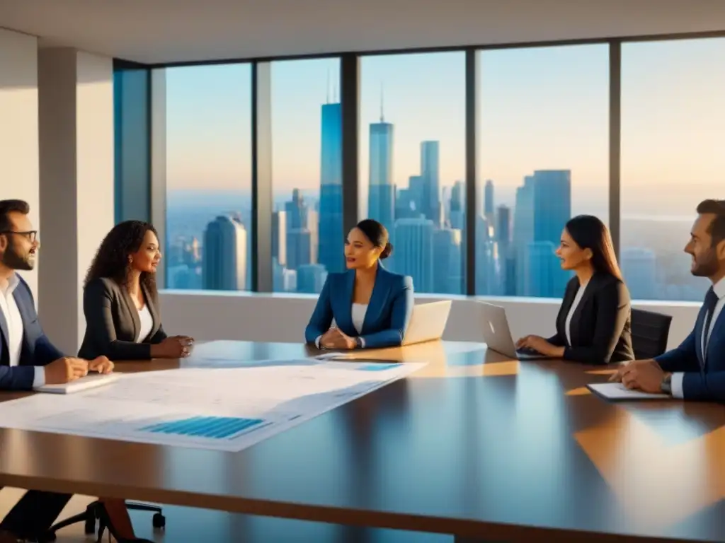Profesionales exitosos en reunión estratégica de inversión inmobiliaria Un grupo diverso de profesionales en una oficina moderna discutiendo estrategias de inversión inmobiliaria con préstamos puente