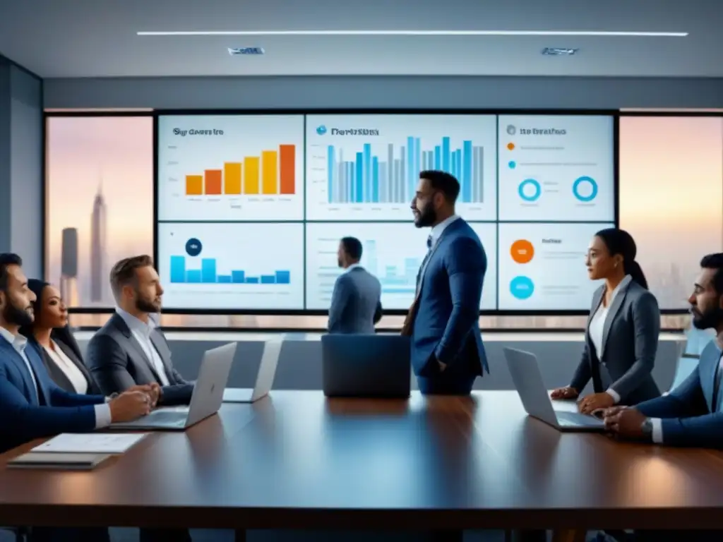 Profesionales diversificados planificando estrategias financieras en oficina moderna Un grupo diverso de profesionales en una oficina moderna, discutiendo estrategias financieras con gráficos en pantallas digitales