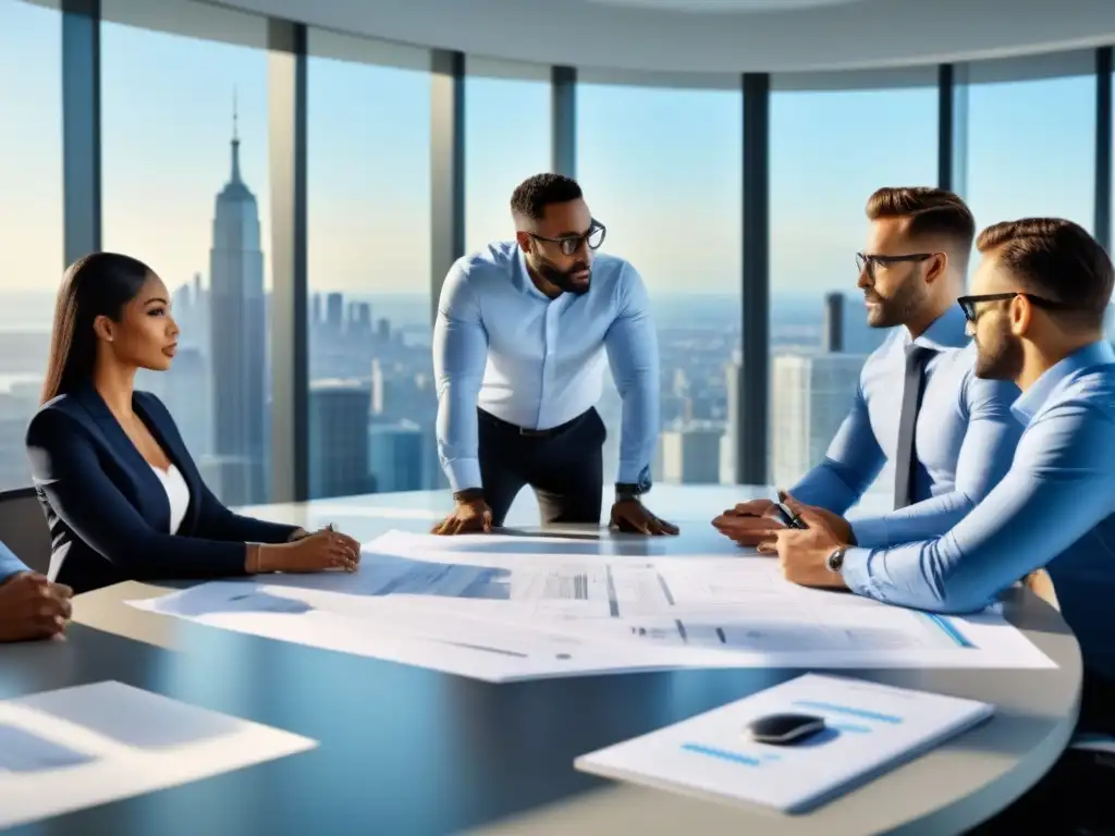 Profesionales innovadores en reunión estratégica en oficina moderna Grupo diverso de profesionales en oficina moderna, discutiendo estrategias de financiamiento alternativo mercado inmobiliario