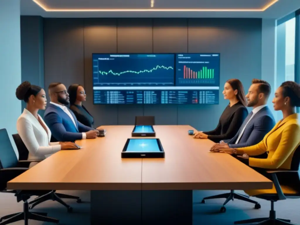 Inversión inmobiliaria: Profesionales comparan hipotecas Grupo diverso de profesionales debatiendo sobre opciones de inversión inmobiliaria en una sala moderna y sofisticada