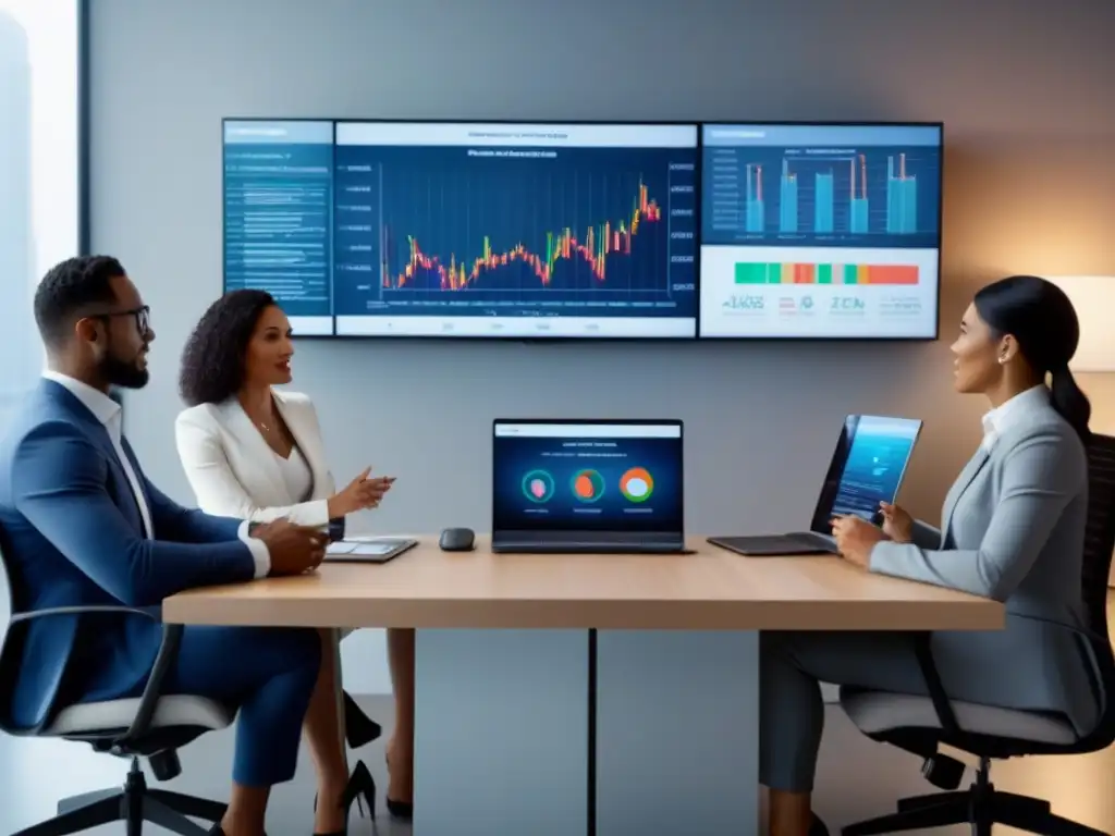 Profesionales debaten financiamiento inmobiliario en oficina moderna Un grupo diverso de profesionales discute opciones de financiamiento inmobiliario en una oficina moderna y elegante