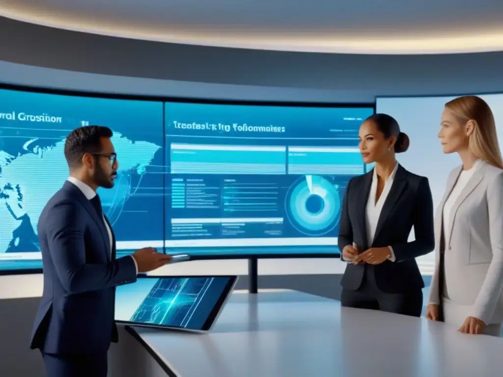 Profesionales innovadores en reunión holográfica en oficina tecnológica Grupo diverso de profesionales analizando plan holográfico de inversión inmobiliaria en oficina ultramoderna