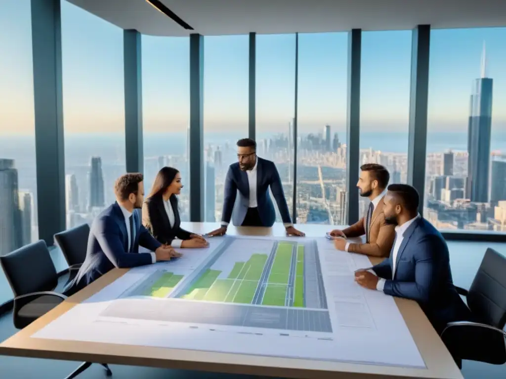 Profesionales discutiendo planos en oficina moderna Un grupo diverso de profesionales discute planos en una oficina moderna con vista a la ciudad