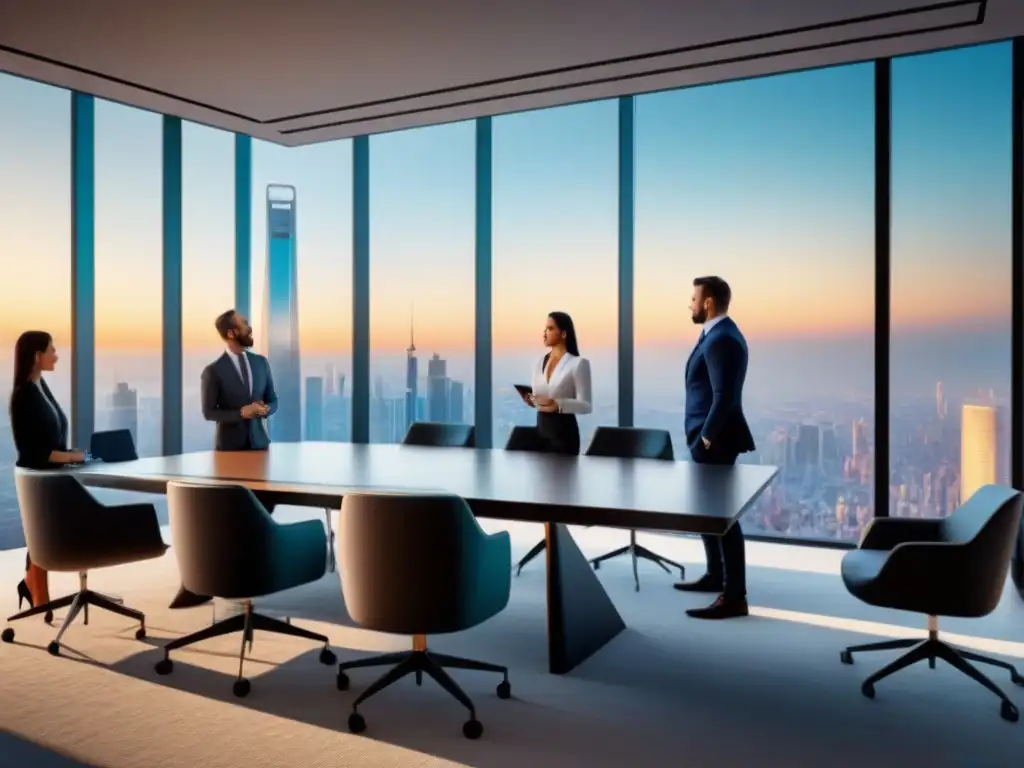 Reunión estratégica de inversión inmobiliaria global Grupo diverso de profesionales en sala de reuniones futurista, analizando estrategias de inversiones inmobiliarias en el extranjero