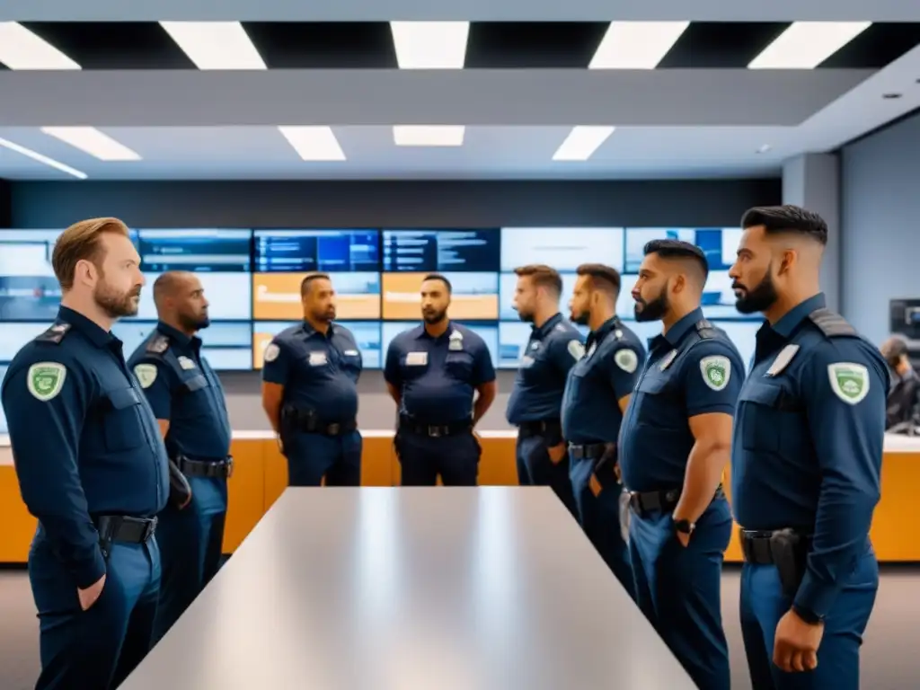 Profesionales de seguridad en acción: simulacro en espacio comercial Un grupo diverso de profesionales de seguridad en práctica en un espacio comercial, destacando las mejores prácticas de seguridad