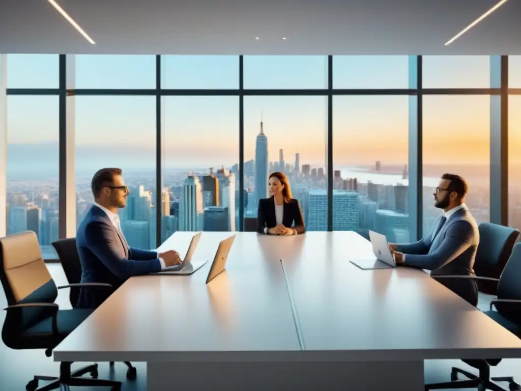 Equipo de profesionales en reunión estratégica en oficina moderna Un grupo diverso de profesionales serios discutiendo estrategias de financiamiento inmobiliario en una oficina moderna