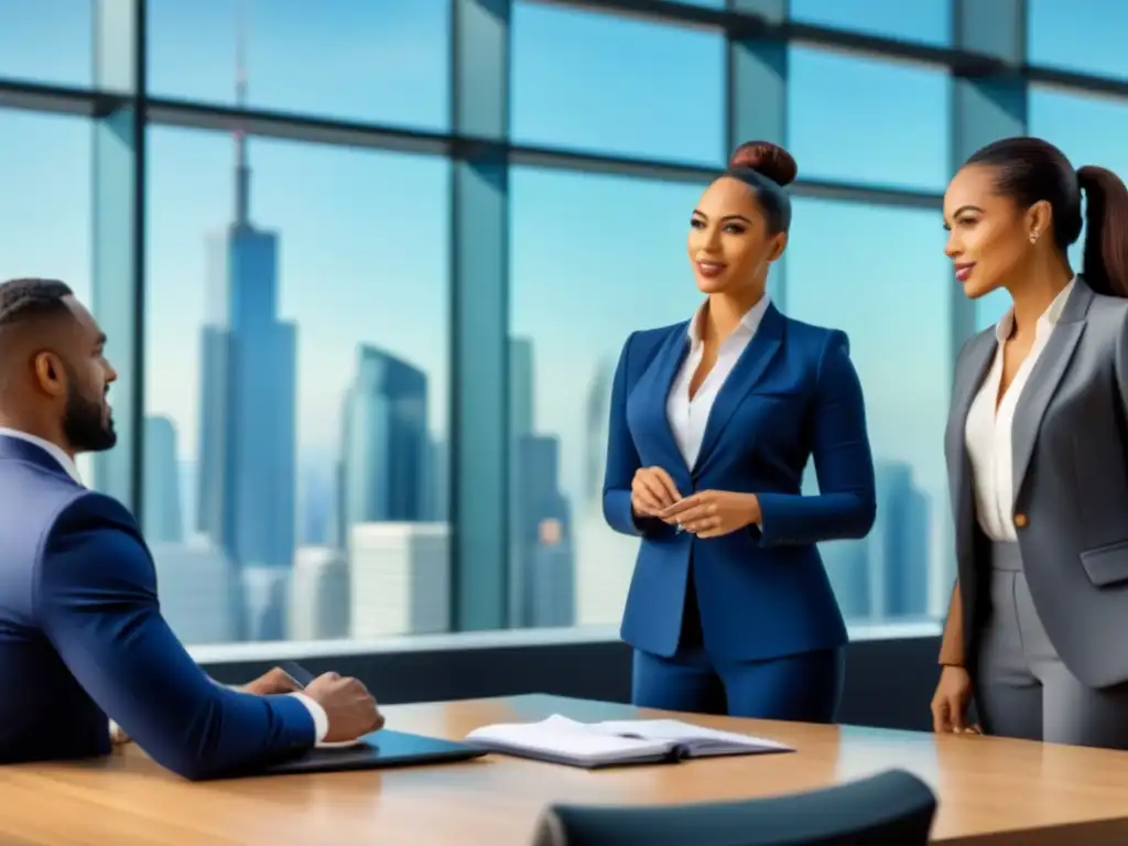 Profesionales discuten refinanciamiento hipotecario en oficina moderna Un grupo diverso de profesionales discute términos de refinanciamiento de hipoteca en una oficina luminosa con vista a la ciudad