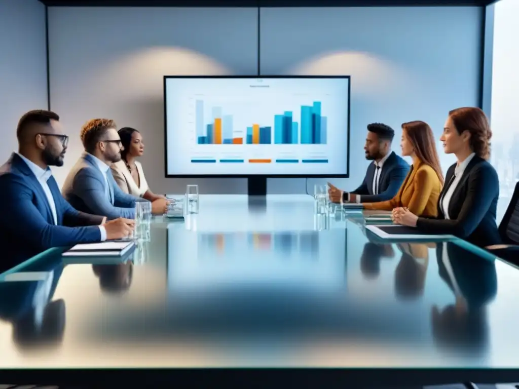 Profesionales diversificados resolviendo problemas en moderna oficina Un grupo diverso de profesionales en traje de negocios resolviendo conflictos en el sector inmobiliario en una moderna sala de reuniones