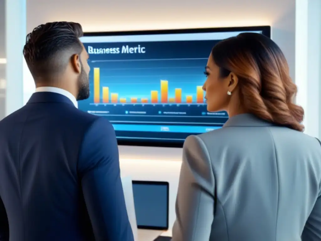 Profesionales analizan inversiones inmobiliarias en pantalla futurista Un grupo diverso de profesionales en trajes de negocios analizan gráficos de inversión inmobiliaria en una pantalla digital futurista