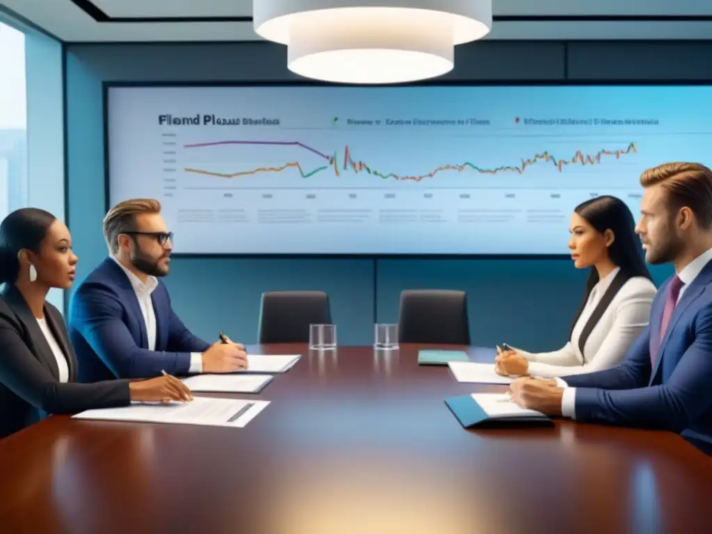 Profesionales diversificados colaboran en estrategias de negocios Un grupo diverso de profesionales en trajes de negocios colaboran en una mesa de conferencias, rodeados de documentos y gráficos sobre regulaciones gubernamentales e inversiones inmobiliarias