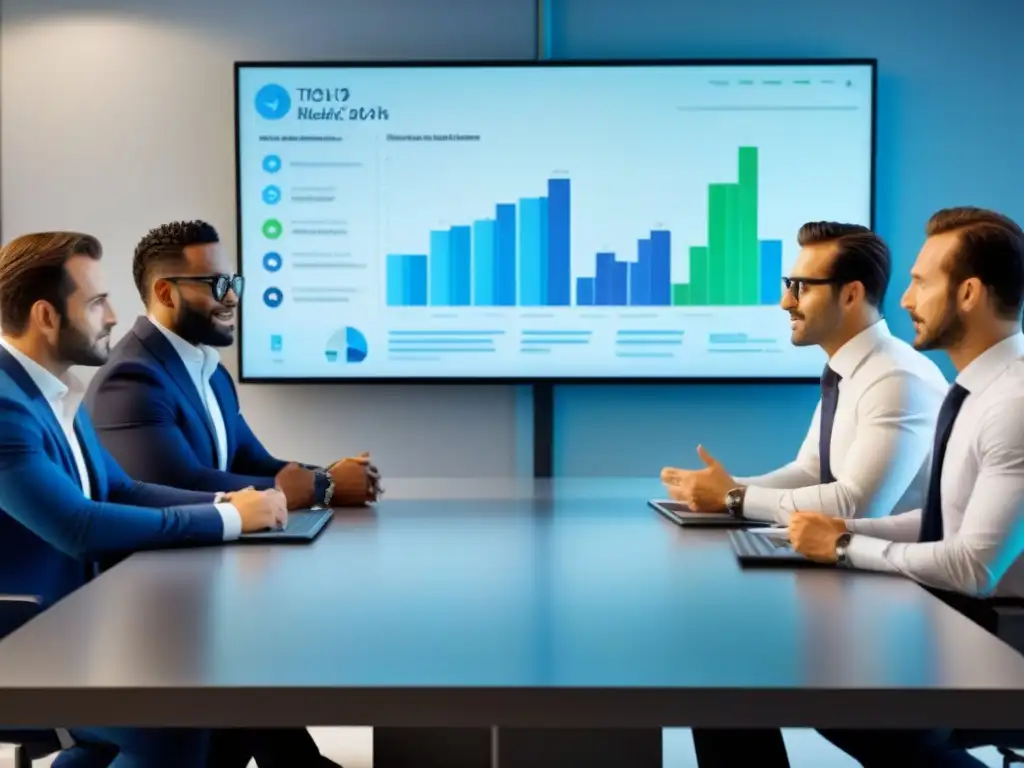 Reunión estratégica de desarrolladores inmobiliarios y asesores financieros Grupo diverso de promotores inmobiliarios y asesores financieros discutiendo en una sala moderna llena de planos y pantallas digitales