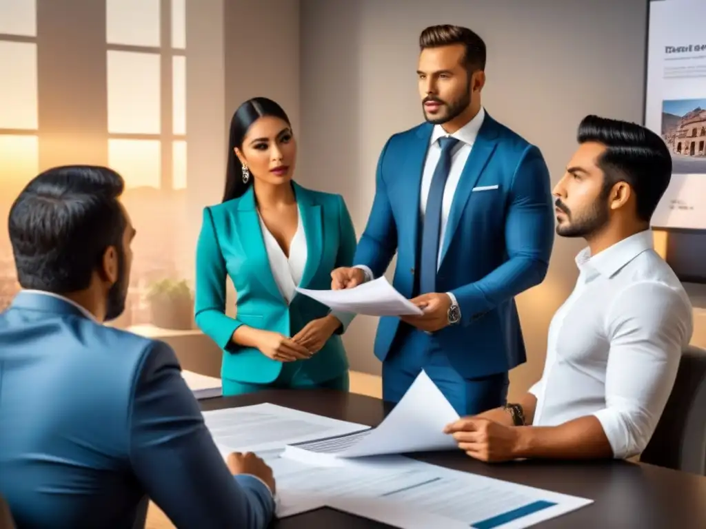 Inversionistas inmobiliarios en México: negociación legal Grupo diverso de propietarios e inversionistas mexicanos discutiendo con profesionales legales, rodeados de documentos y planos, representando las regulaciones del arrendamiento en México