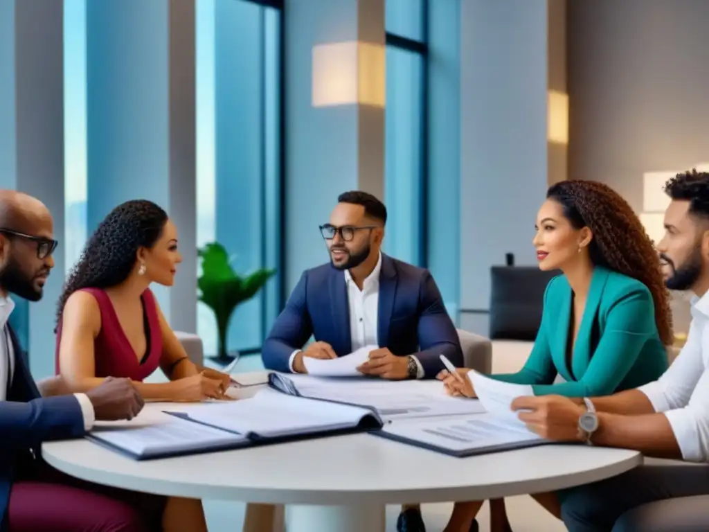 Reunión de expertos en bienes raíces: innovación y diversidad en acción Grupo diverso de propietarios discutiendo en una mesa redonda con documentos y planos, reflejando profesionalismo e innovación
