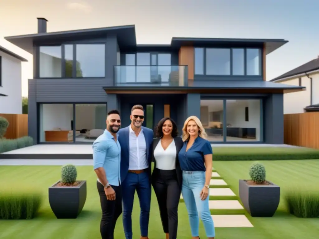 Propietarios felices posan frente a su hogar renovado en éxito financiero Grupo diverso de propietarios sonrientes frente a casa moderna renovada, símbolo de éxito en refinanciamiento mercado inmobiliario pros y contras