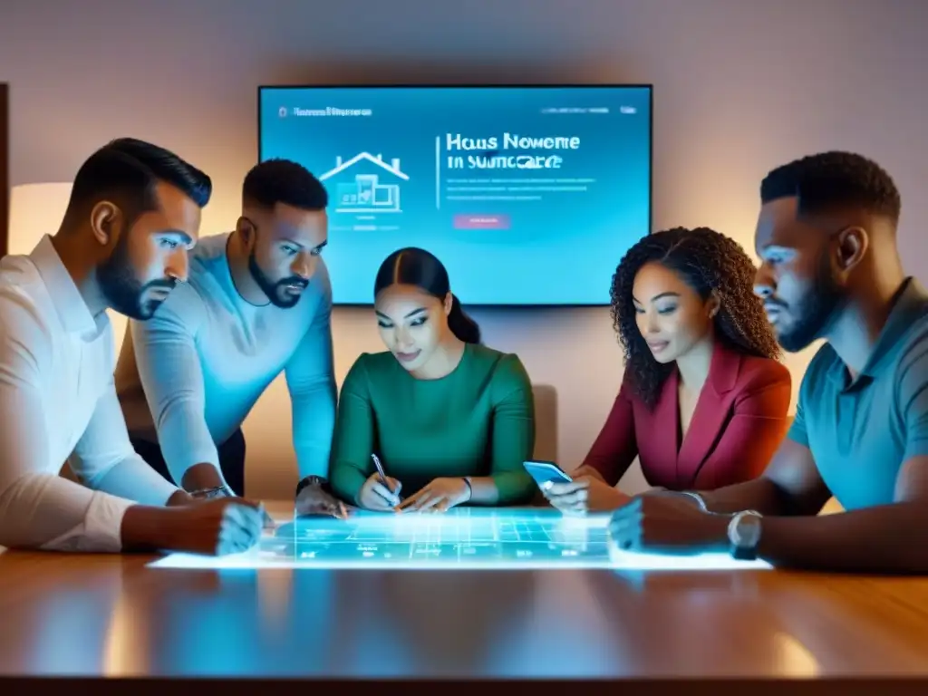 Revisión experta de pólizas de hogar: tecnología y diversidad Un grupo diverso de propietarios de viviendas revisa juntos las pólizas de seguros en una mesa futurista