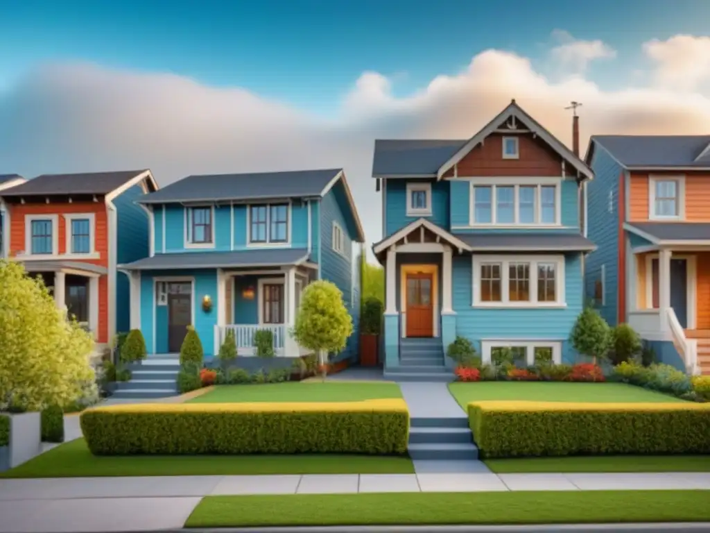 Diversidad arquitectónica: vecindario unido y variado Grupo diverso de propietarios de viviendas con arquitecturas y jardines variados, transmitiendo comunidad y orgullo en la propiedad