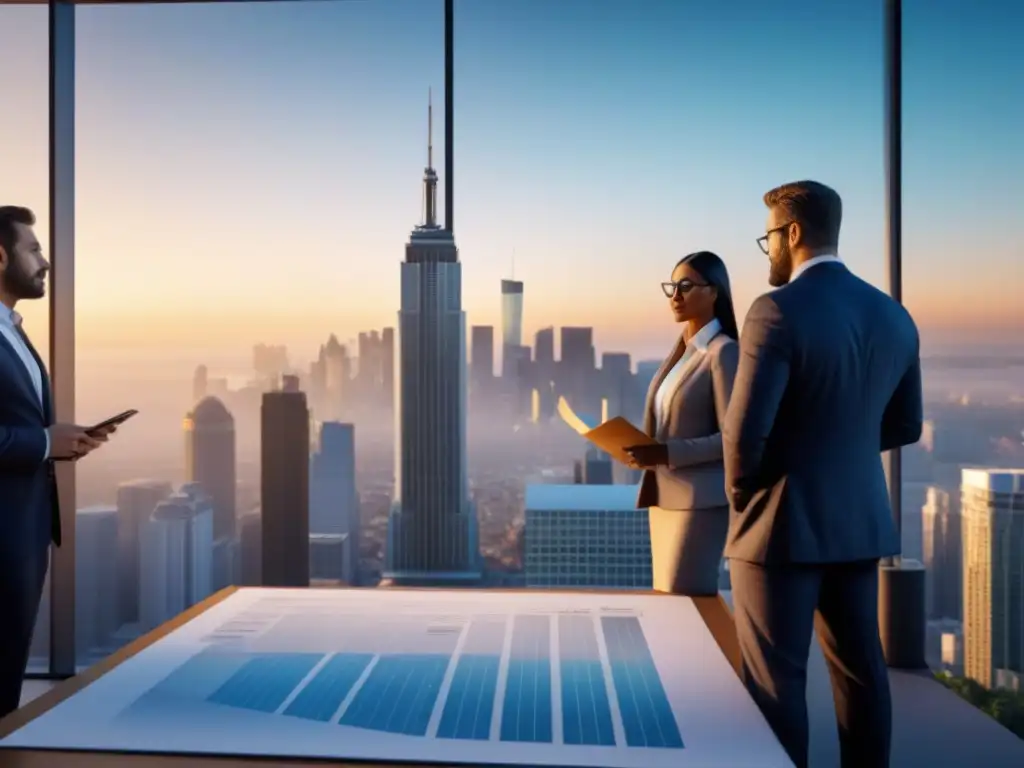 Profesionales regulando la ética en la ciudad Un grupo diverso de reguladores previene la corrupción inmobiliaria en una ciudad moderna al atardecer