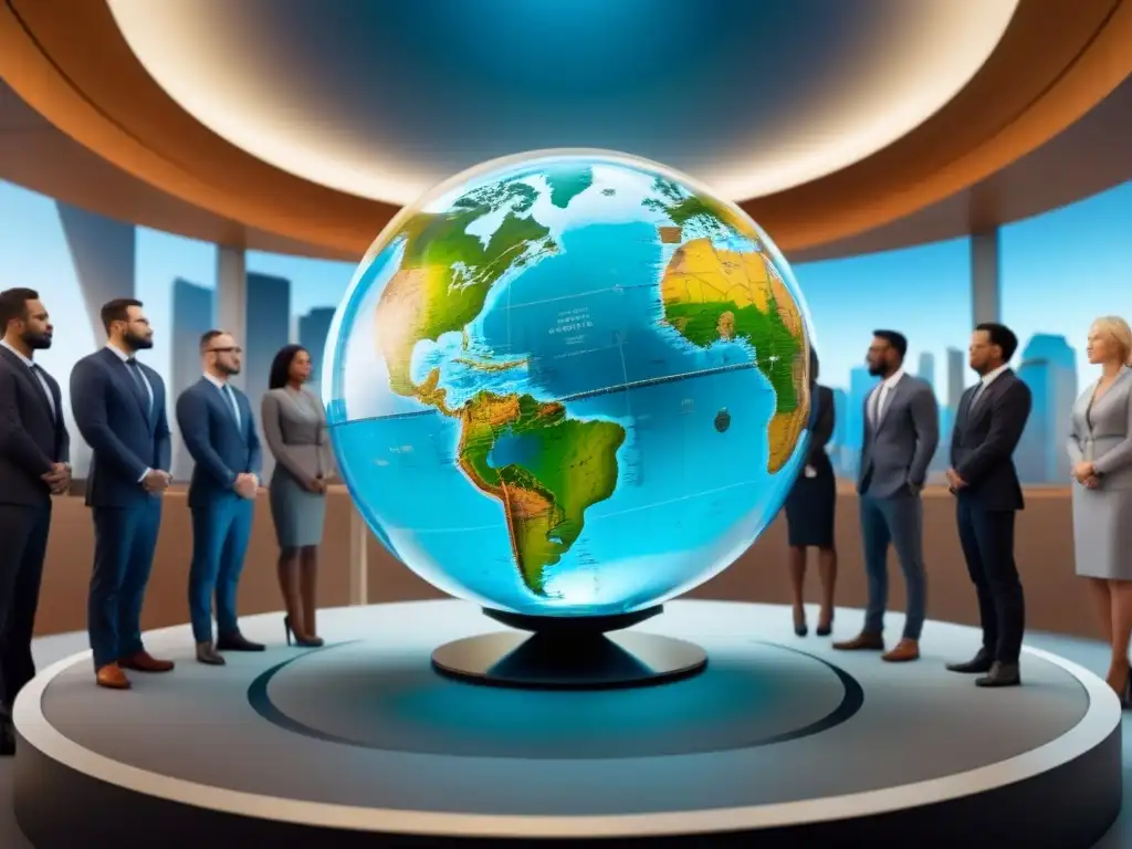 Reguladores del mercado inmobiliario colaboran en globo transparente Un grupo diverso de reguladores colabora alrededor de un globo transparente, previniendo la corrupción inmobiliaria