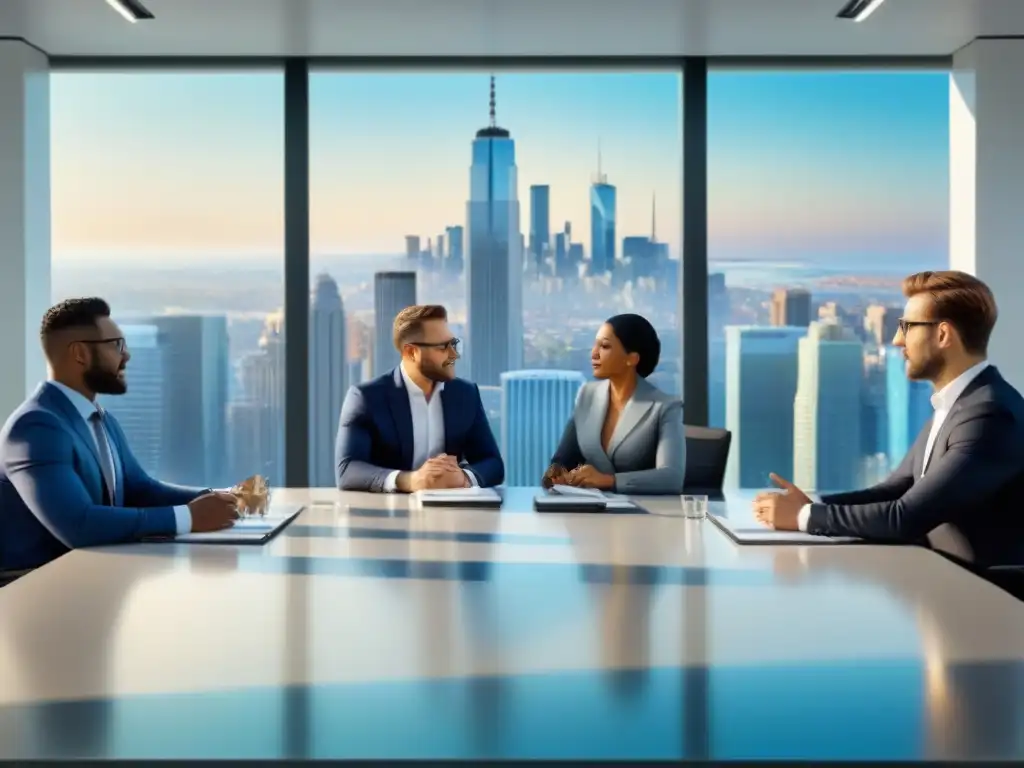 Cumbre de expertos en inversión inmobiliaria en ciudad vibrante Un grupo diverso en una reunión de negocios con vista a la ciudad y gráficos de Fondos de Inversión Inmobiliaria para principiantes