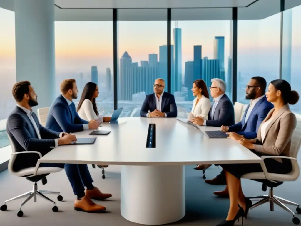 Reunión estratégica en sala de juntas: real estate 8k Grupo diverso en sala de juntas moderna, debatiendo sobre fondos de inversión inmobiliaria para principiantes
