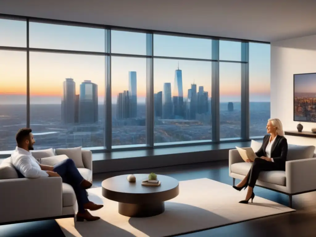 Conversación vibrante en oficina moderna de bienes raíces Grupo diverso sonriente discutiendo en moderna oficina inmobiliaria, simbolizando psicología compra venta propiedades inmobiliarias