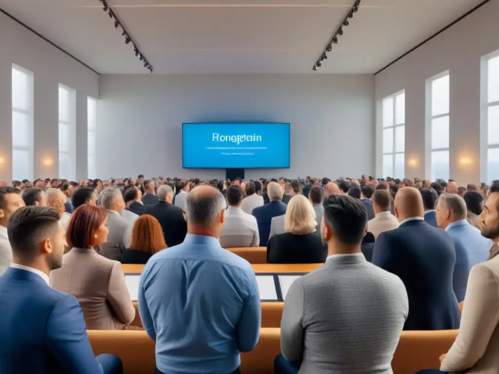 Subasta inmobiliaria: audiencia diversa en sala moderna Un grupo diverso escucha atentamente a un subastador inmobiliario en una sala moderna y elegante