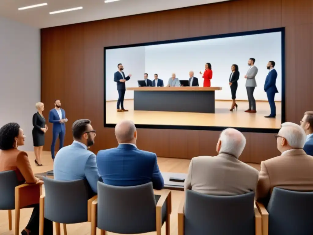 Subasta inmobiliaria inclusiva y emocionante Grupo diverso escucha atentamente al subastador en una sala de subastas moderna