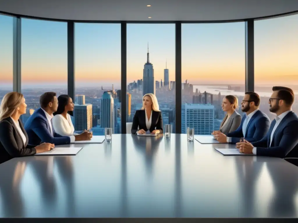 Inversores inmobiliarios estratégicos en reunión de refinanciamiento Un grupo de inversores inmobiliarios discuten estrategias de refinanciamiento en una sala de juntas moderna con vista a la ciudad