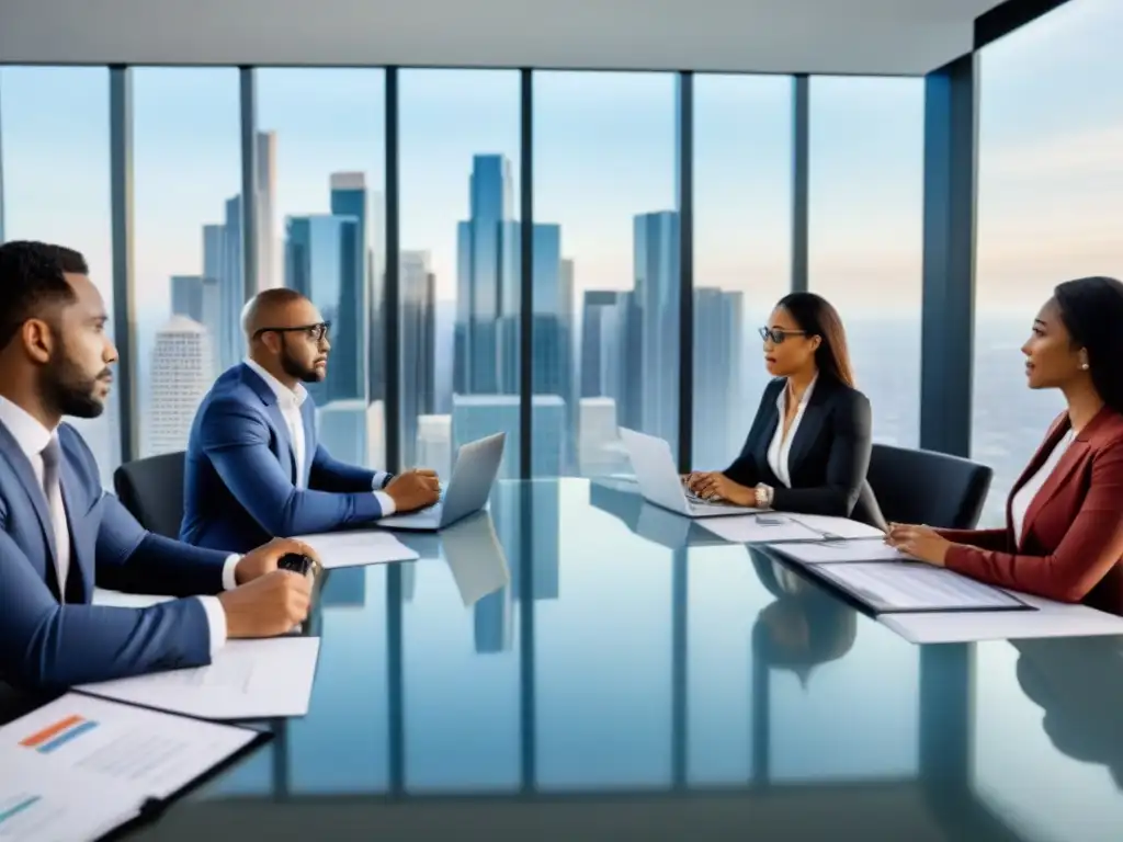 Reunión estratégica: Profesionales analizan mercado inmobiliario Grupo de profesionales analizando datos financieros con vista a la ciudad, enfocados en opciones de financiamiento para compradores primerizos