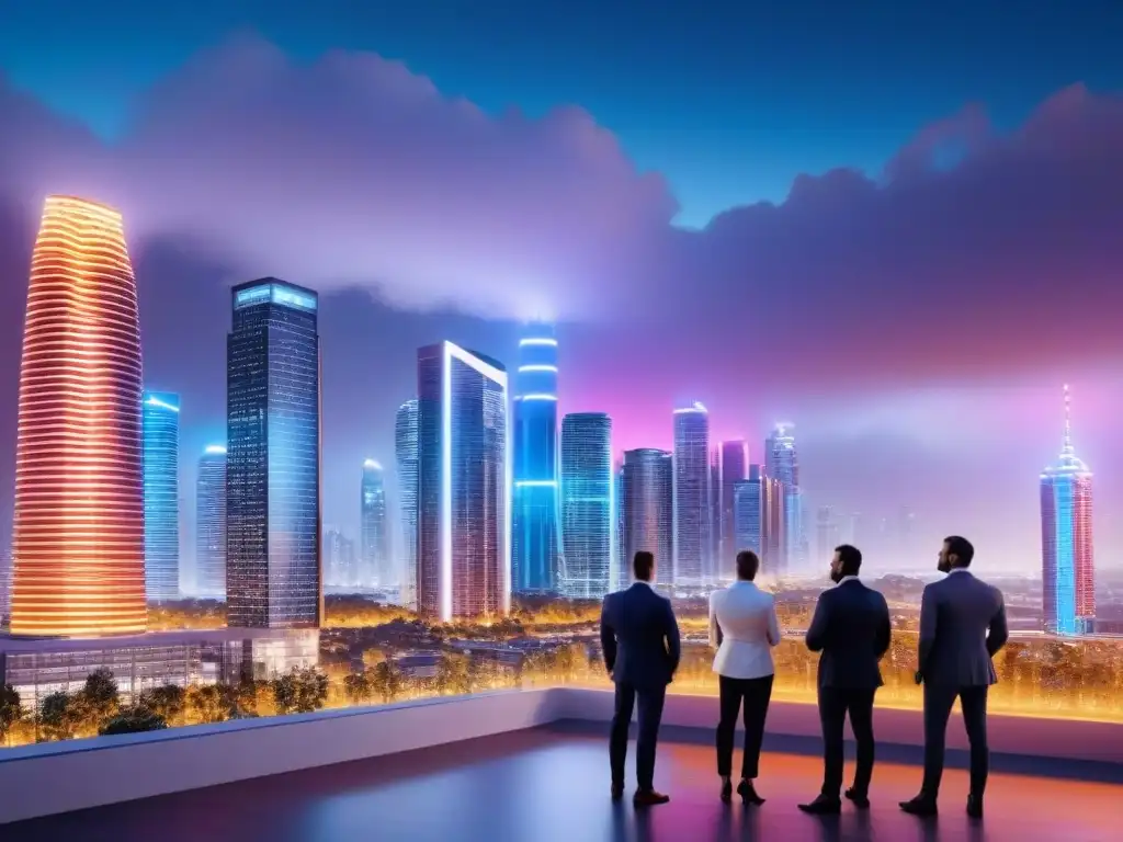 Inversión inmobiliaria: Futurismo y colaboración Un grupo de profesionales diverso en una ciudad futurista al atardecer, con rascacielos de vidrio iluminados por luces de neón