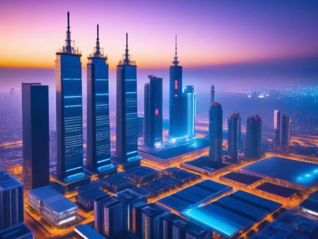Innovación inmobiliaria: ciudad futurista al atardecer Un grupo de profesionales en un paisaje urbano futurista al atardecer, con rascacielos y drones de IA