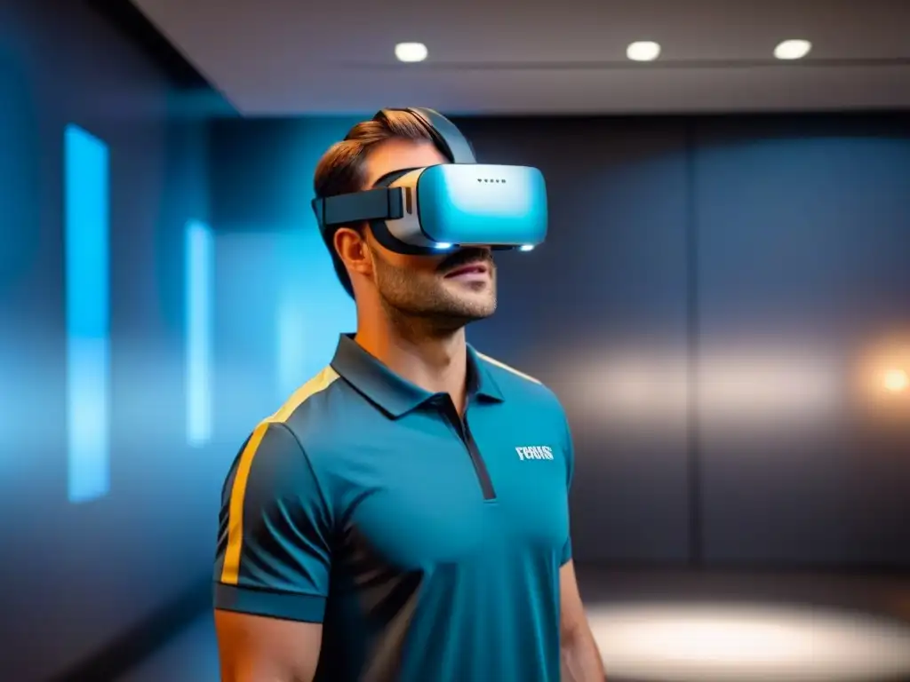 Guía holográfica del futuro en sala virtual interactiva Un guía holográfico futurista interactúa con turistas virtuales en una sala minimalista