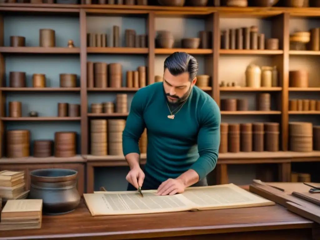 Restaurador de patrimonio con precisión y dedicación Un hábil artesano restaurando detalles arquitectónicos históricos en un taller luminoso, rodeado de materiales de preservación