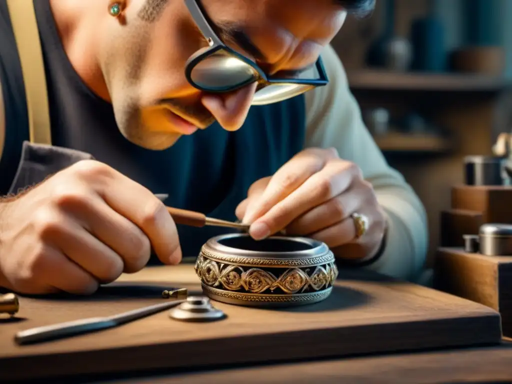 Restauración detallada de joyería vintage por experto artesano Un hábil artesano restaura joyas históricas para venta, mostrando precisión y dedicación en su taller soleado