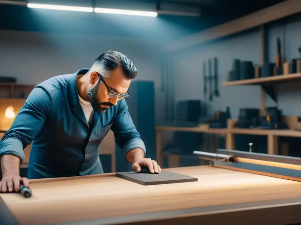 Artesano de lujo: creación meticulosa en taller moderno Un hábil artesano crea una lujosa pieza de mobiliario en un taller moderno, reflejando precisión y lujo en diseño a medida
