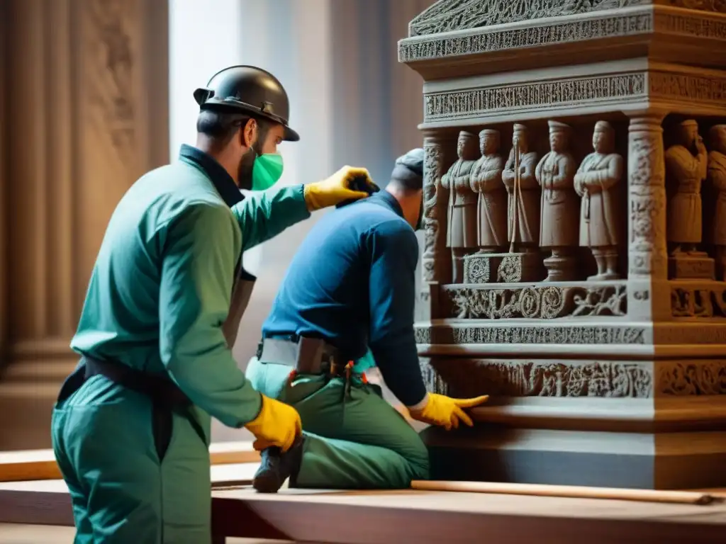 Restauración experta de monumento histórico: tradición y modernidad Hábiles conservadores restauran monumento histórico, resaltando la meticulosidad en la conservación
