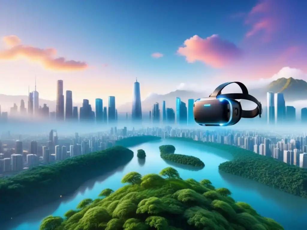 Realidad virtual: ciudad futurista y naturaleza en un headset 8k Headset de realidad virtual flotando en ciudad digital futurista y natural