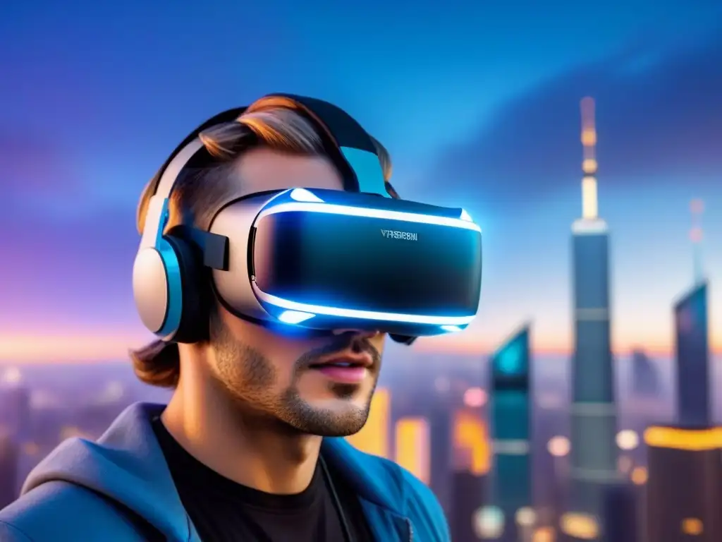 Inmersión futurista en la ciudad nocturna: Realidad Virtual Un headset de realidad virtual en una ciudad futurista al anochecer, transmitiendo innovación en la compra de viviendas a distancia
