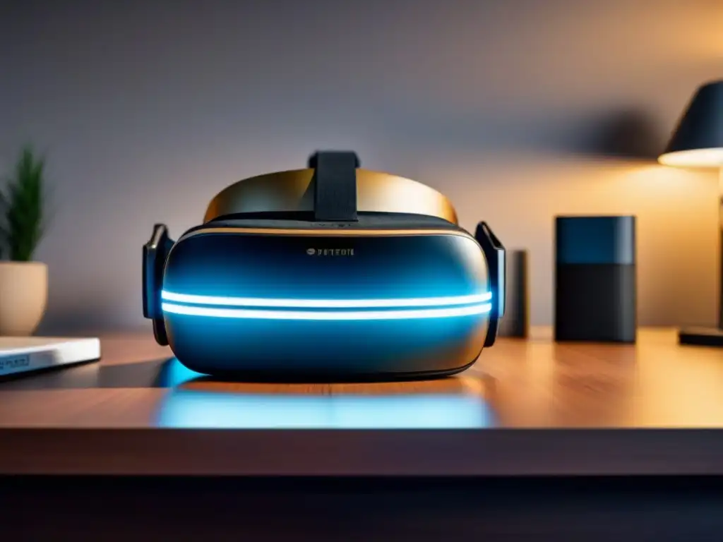 Headset de Realidad Virtual en Escritorio Futurista Headset de realidad virtual en escritorio futurista con seguridad tours virtuales inmobiliarios