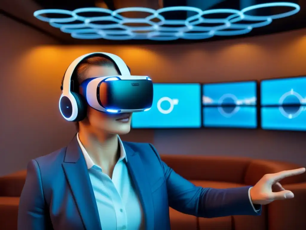 Innovación en inversión inmobiliaria: visión futurista de realidad virtual Un headset de realidad virtual futurista rodeado de proyecciones holográficas, simbolizando estrategias inversión inmobiliaria online