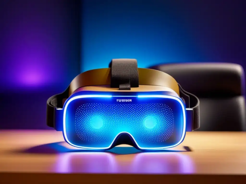 Headset de realidad virtual futurista en oficina de alta tecnología Un headset de realidad virtual futurista con patrones de circuitos brillantes en tonos azul y morado, iluminando un escritorio minimalista de oficina tecnológica, donde destaca una tablet transparente con diseños arquitectónicos