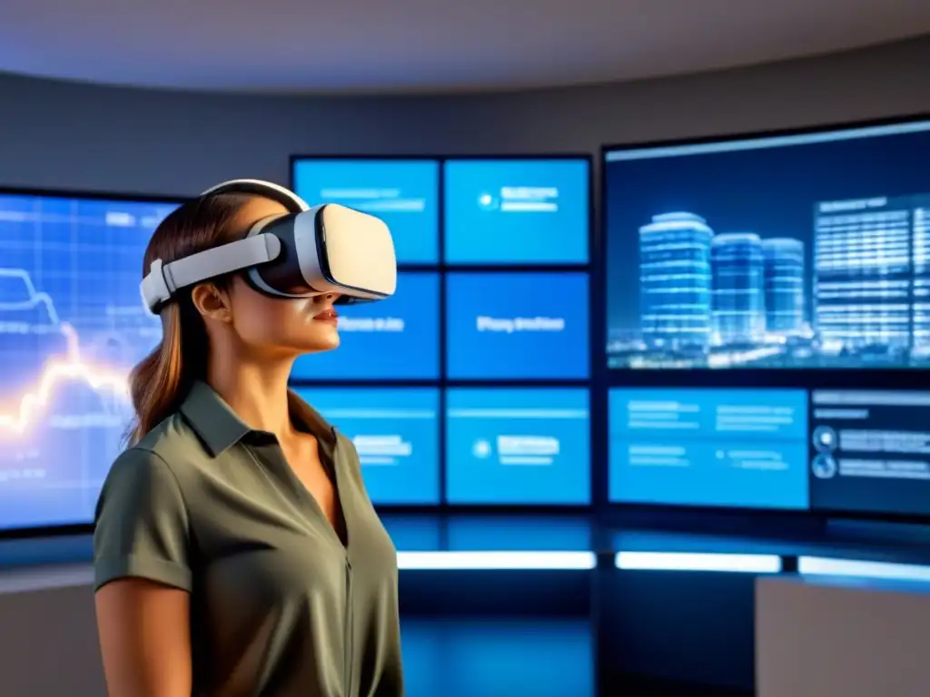 Realidad virtual inmobiliaria: análisis detallado y futurista Headset de realidad virtual proyectando modelo 3D de propiedad inmobiliaria, rodeado de datos y gráficos, en ambiente futurista con plano de fondo