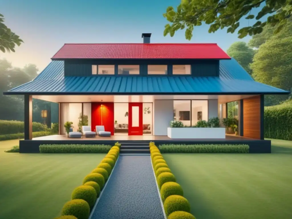 Hogar moderno con techo rojo rodeado de naturaleza y tranquilidad Hermosa casa moderna con techo rojo rodeada de árboles verdes y cielo azul vibrante