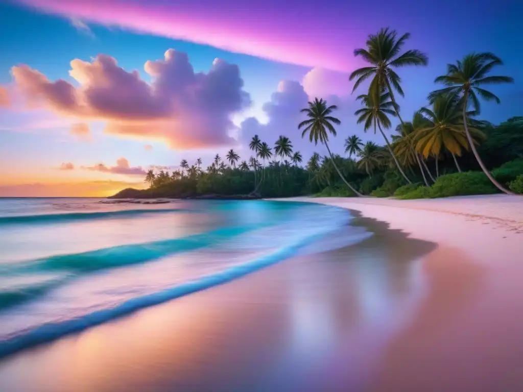 Paraíso caribeño al atardecer: aguas turquesas, palmeras y cielo de colores Una hermosa playa caribeña al atardecer con aguas turquesas cristalinas, palmeras y un cielo colorido