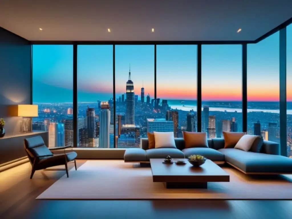 Salón de lujo con herramienta de valoración inmobiliaria en tiempo real Hermosa sala de estar moderna con vistas a la ciudad, y herramientas de valoración de propiedades en tiempo real en pantalla digital