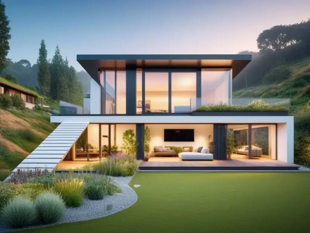 Moderna casa ecológica con jardín nativo y energía solar en clima soleado Hermosa casa ecológica con techo verde y paneles solares en clima soleado