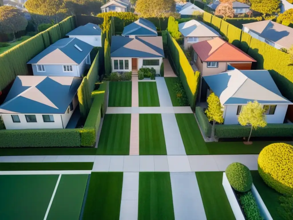Vecindario suburbano: Límites de propiedad claros y moderna arquitectura Hermosa vista aérea de vecindario suburbano con límites de propiedad definidos, resaltando la importancia de resolver disputas legales