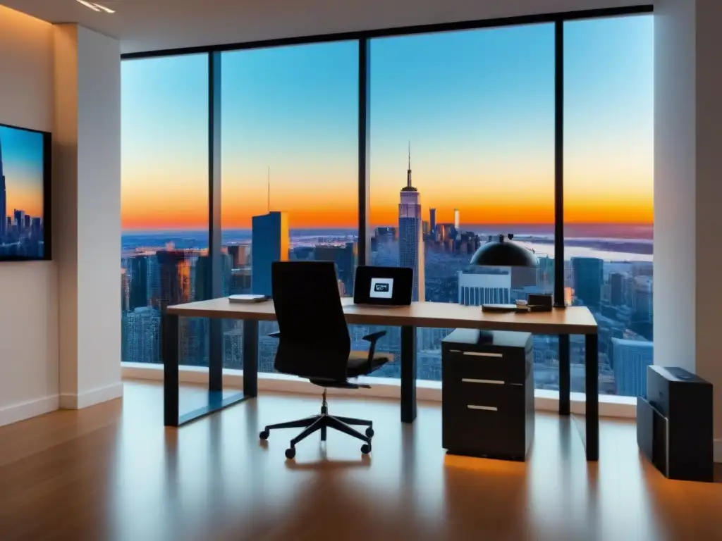Oficina moderna con vista urbana y tecnología de vanguardia Hermoso espacio de oficina moderno con vista a la ciudad y herramientas de valoración propiedades inmobiliarias